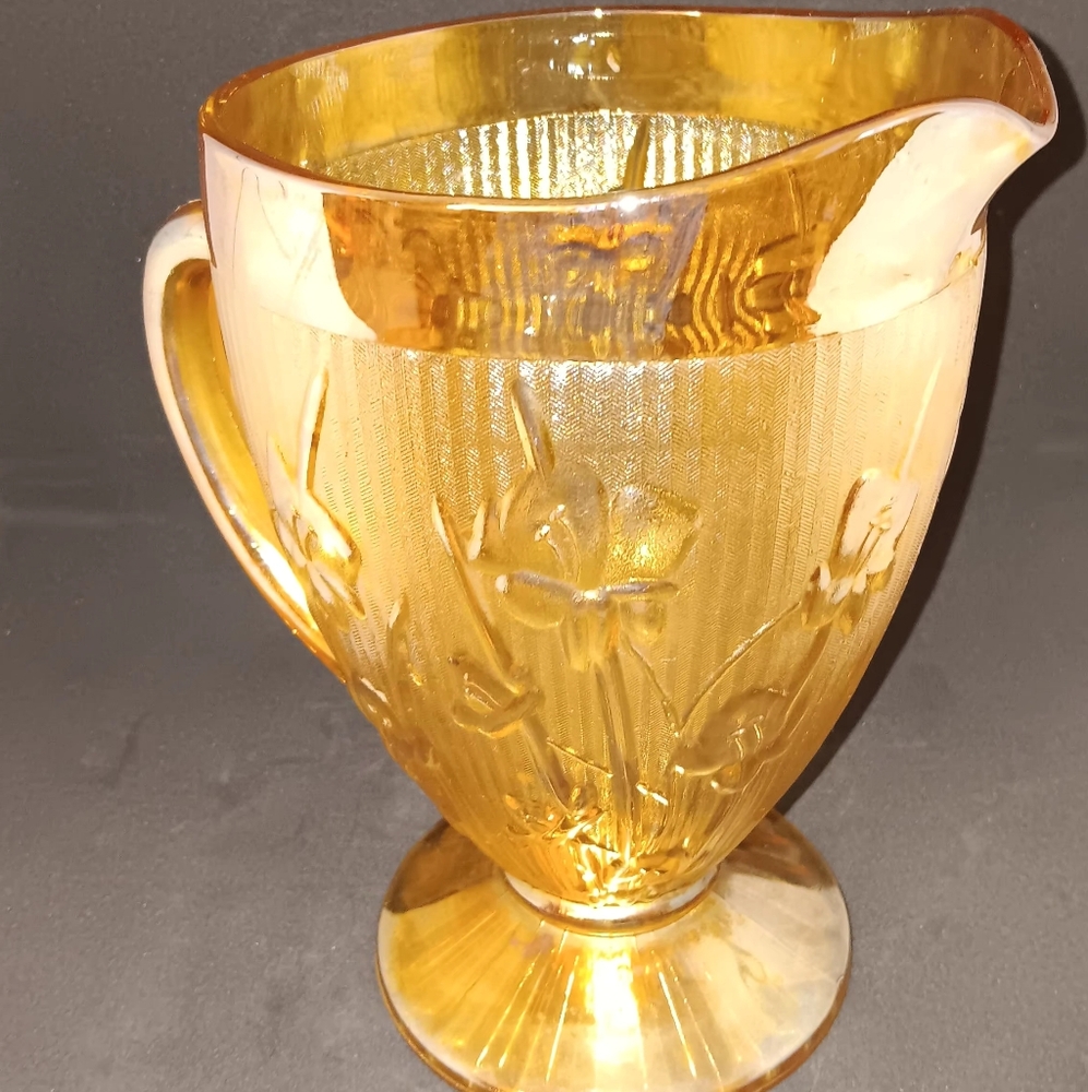 Vintage Jeannett Marigold Carnival Glass "Iris and Herringbone" 56oz Pitcher